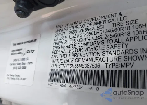 2022 Honda Pilot Awd Ex-L из США, поврежденный, VIN 5FNYF6H55NB087536